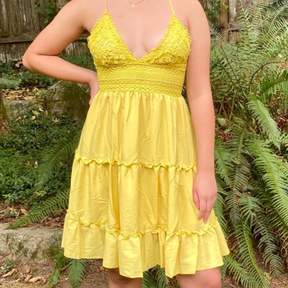 Yellow Crochet Bust Tiered Mini Dress - Women's